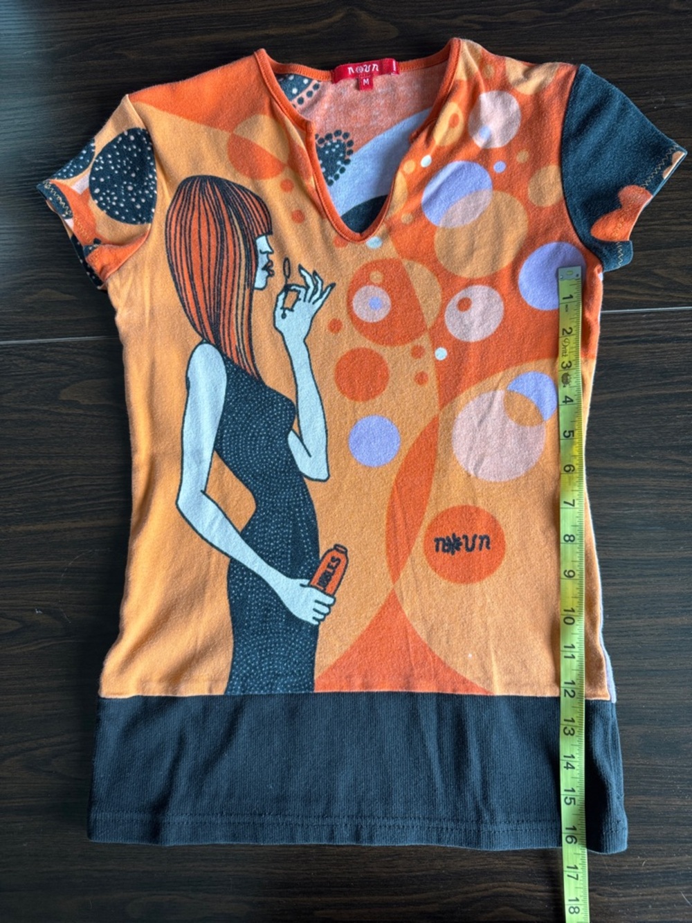 Retro Graphic V-Neck Women’s Top in Orange by - Picture 5 of 5